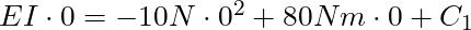 EI \cdot 0 = -10N \cdot 0^2 + 80 Nm \cdot 0 + C_1