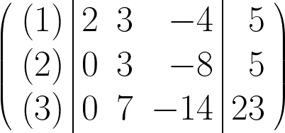 \begin{huge} \left( \begin{array}{r|rrr|r} (1) & 2 & 3 & -4 & 5 \\ (2) & 0 & 3 & -8 & 5 \\ (3) & 0 & 7 & -14 & 23 \end{array} \right) \end{huge}