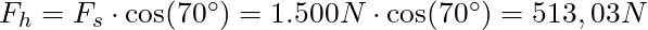 F_h = F_s \cdot \cos(70^\circ) = 1.500 N \cdot \cos(70^\circ) = 513,03 N