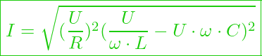  \boxed{I = \sqrt{(\frac{U}{R})^2 ( \frac{U}{\omega \cdot L} - U \cdot \omega \cdot C)^2} }