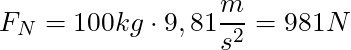 F_N = 100 kg \cdot 9,81 \dfrac{m}{s^2} = 981 N