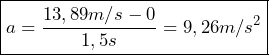  \boxed{a = \frac{13,89 m/s - 0}{1,5s} = 9,26 m/s^2}