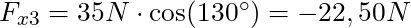 F_{x3} = 35 N \cdot \cos(130^\circ) = -22,50 N