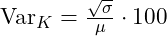 \text{Var}_K = \frac{\sqrt{\sigma}}{\mu} \cdot 100