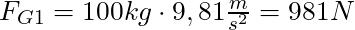 F_{G1} = 100 kg \cdot 9,81 \frac{m}{s^2} = 981 N