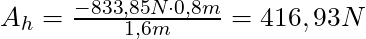 A_h =\frac{-833,85 N \cdot 0,8 m}{1,6 m} = 416,93 N